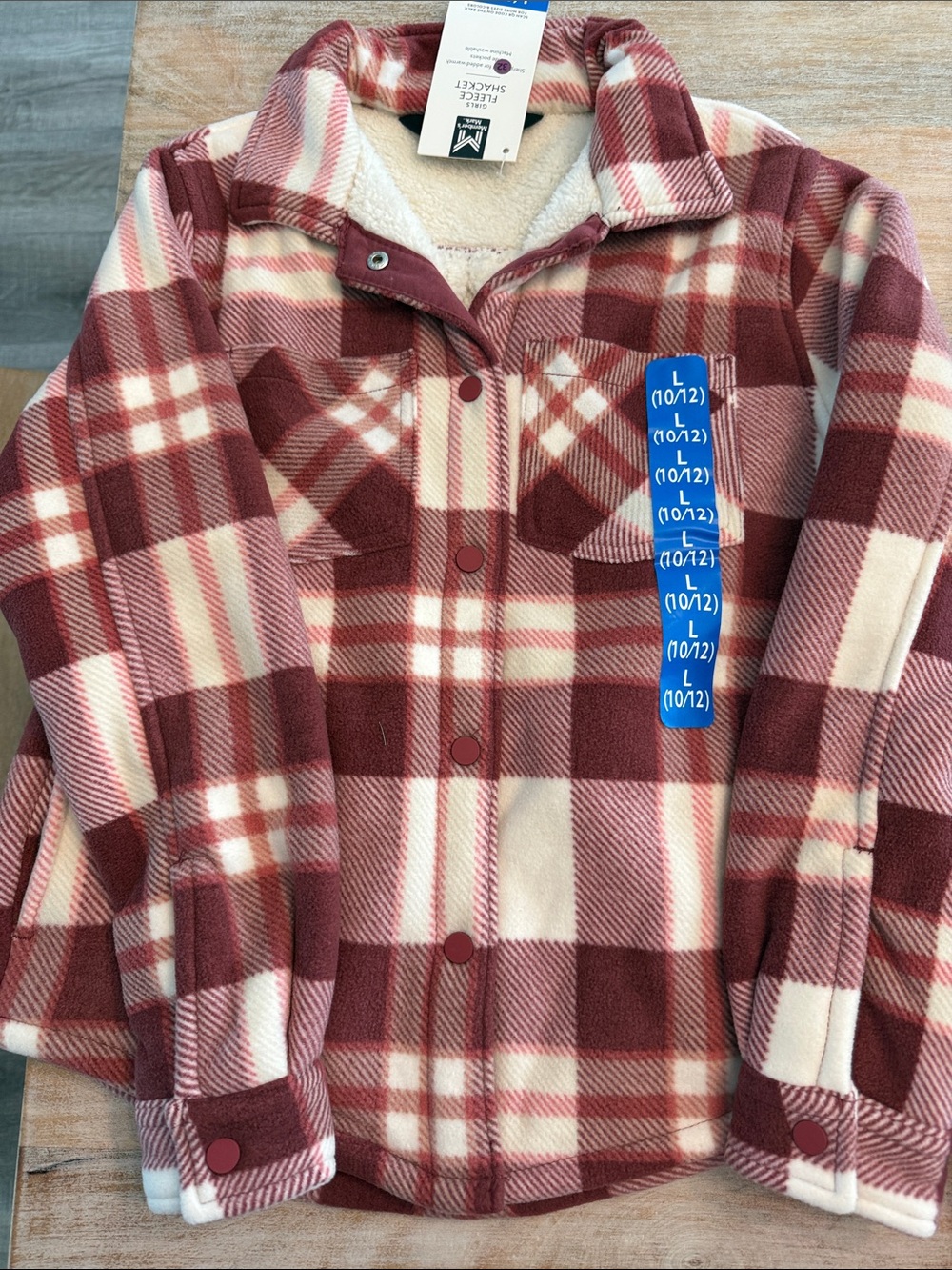Girls Plaid Sherpa-Lined Shacket Jacket - Burgundy/Cream
